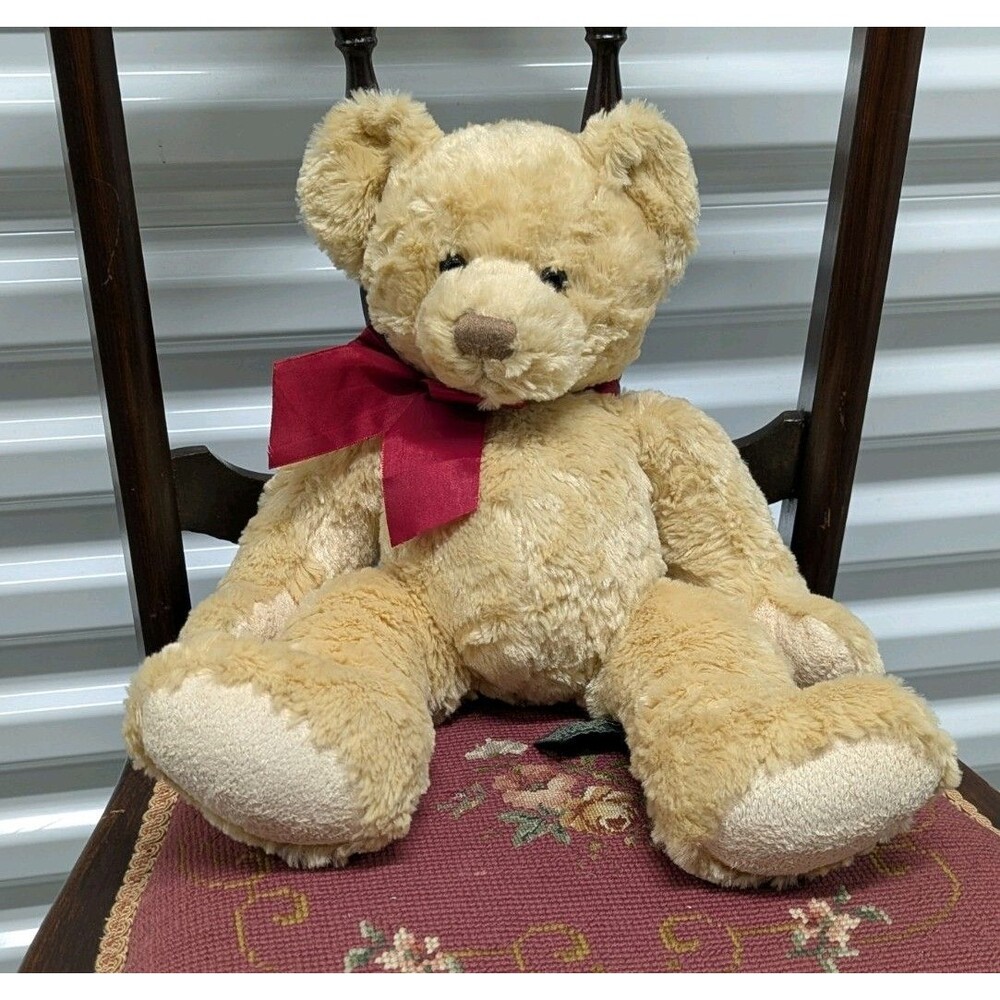 RUSS BERRIE‎ SPENCER golden beige soft plush collectible Teddy Bear with Red Bow